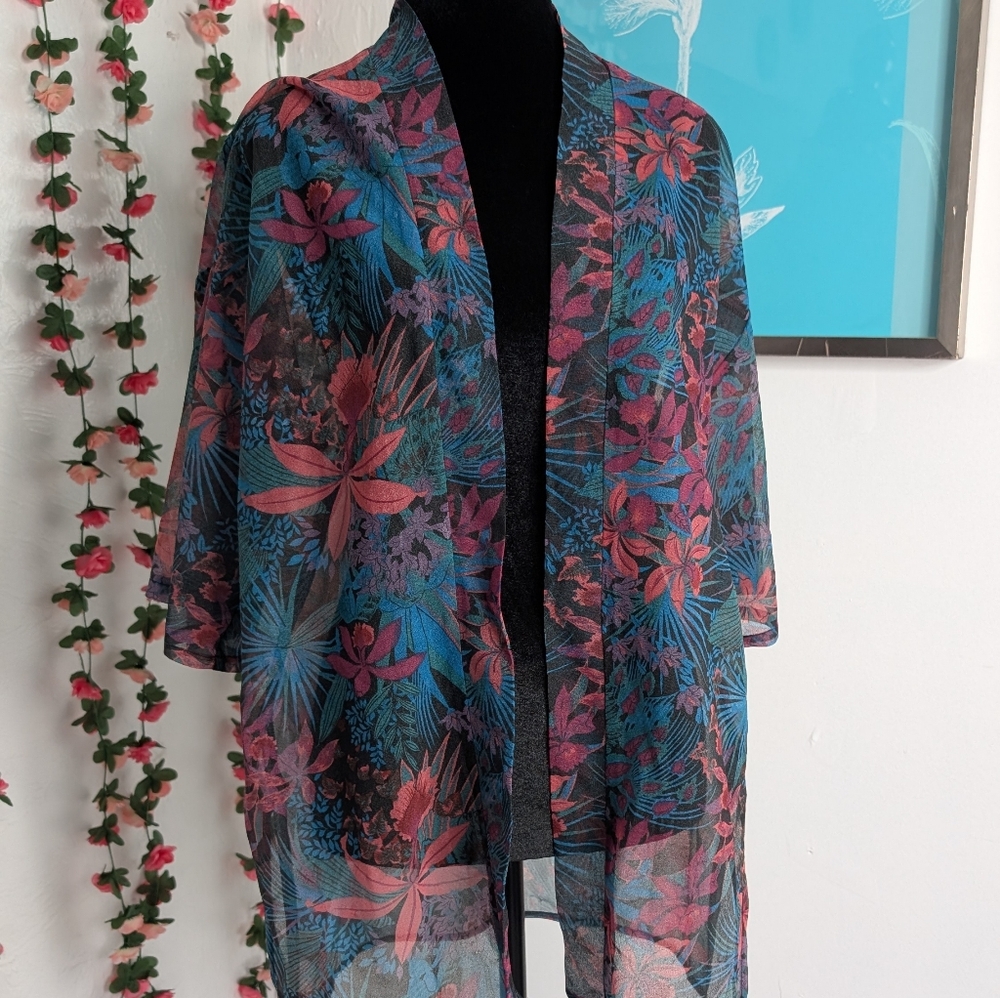 Floral Sheer Kimono Cardigan - Blue and Pink